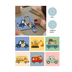Puzzle de palitos de madera transportes con coche de policía, excavadora, autobús y camión de bomberos