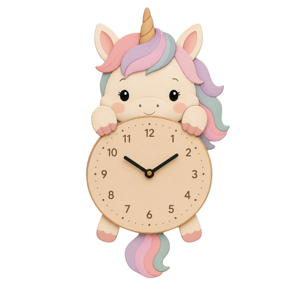 Reloj de Pared Infantil Unicornio Personalizable con Nombre | Madera y Péndulo