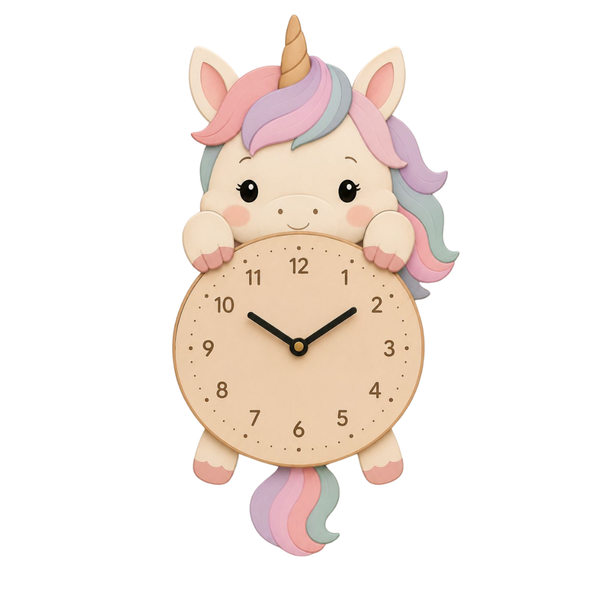 Reloj de Pared Infantil Unicornio Personalizable con Nombre | Madera y Péndulo