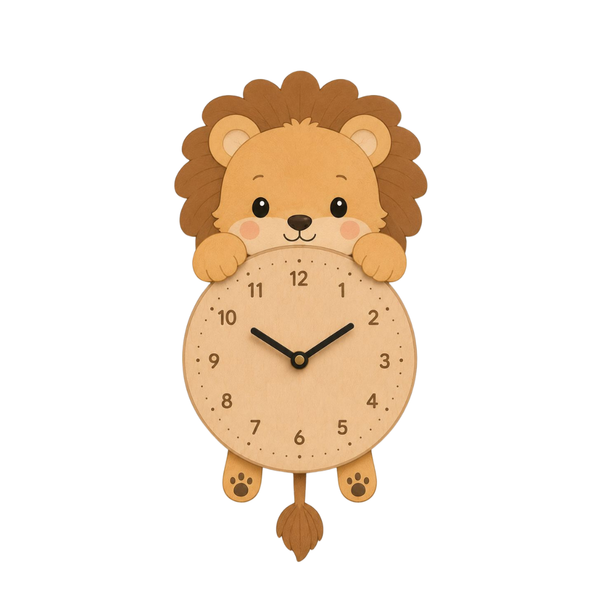 Reloj de Pared Infantil León Personalizable con Nombre | Madera y Péndulo