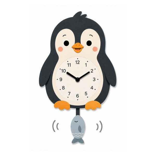 Reloj de Pared Infantil Pingüino Personalizable con Nombre | Madera y Péndulo