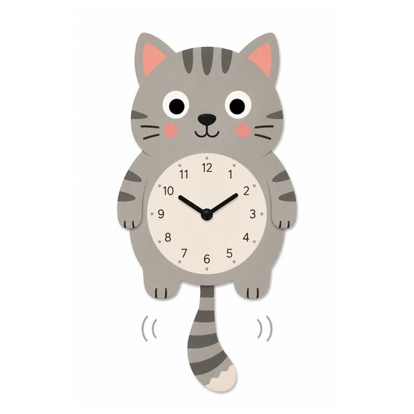 Reloj de Pared Infantil Gato Personalizable con Nombre | Madera y Péndulo