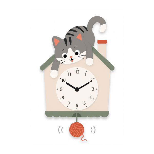 Reloj de Pared Infantil Casita de Gato Personalizable con Nombre | Madera y Péndulo