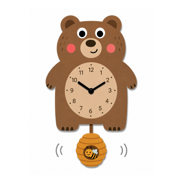 Reloj de Pared Infantil Oso Personalizable con Nombre | Madera y Péndulo