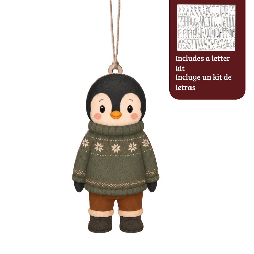 Adorno de Madera Pingüino Personalizable con Inicial | Kit de Iniciales
